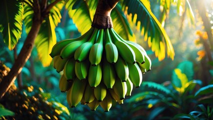 Poster - Bunch of ripe green bananas (plantains or cooking bananas) hanging on the tree.
