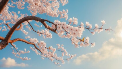Poster - Delicate cherry blossoms decorate branches against a gentle, blue sky, forming a tranquil and graceful scene.