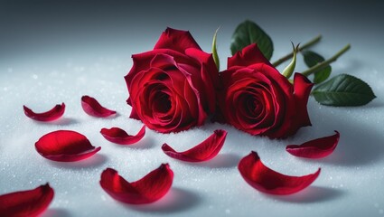 Poster - Red roses and rose petals set against a white backdrop.