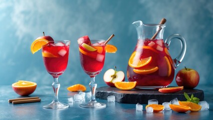 Poster - Freshly prepared sangria in a glass pitcher, viewed from the front, garnished with apples and oranges, served in two glasses filled with ice.