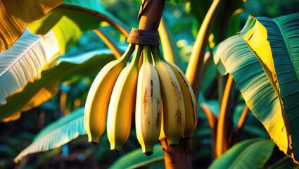 Poster - ripe golden banana hanging on tree in agricultural garden