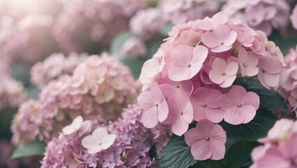 Poster - Delicate floral background in soft pink pastel shades. Close-up of hydrangea flowers in nature with a soft focus.