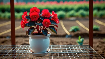 Fototapete - Red Wax Begonia Flowering in a Pot on a Plant Shelf
