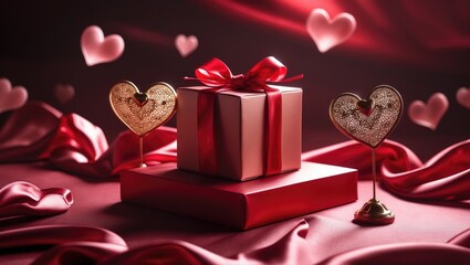Poster - Red satin product showcase, silk stage adorned with hearts. Square podium for cosmetics promotion. Elegant display.