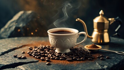 Aufkleber - Relaxing coffee in a white porcelain cup placed on a stone table.