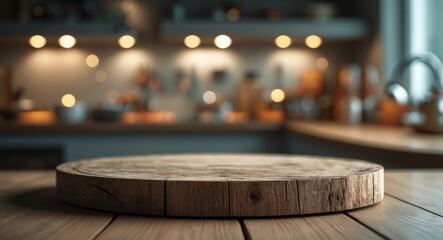 Poster - Dish serving or cutting board placed on wooden table within a blurred kitchen setting.