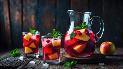 Poster - Red wine punch served with fruits and ice in glasses. Homemade refreshing fruit beverage on a rustic wooden table, with space for text.