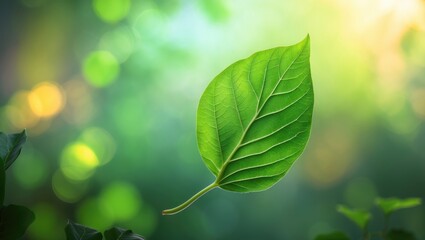 Fototapete - Green leaf on a softened green background. Gorgeous leaf texture illuminated by sunlight. Close-up nature perspective with space available for text. Natural green backdrop.