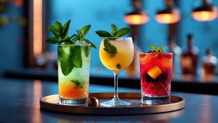 Poster - Two colorful cocktails decorated with mint leaves are placed on a tray in a stylish, softly illuminated bar environment. One is a mojito, while the other is a mix, both presented in long-stemmed gl...