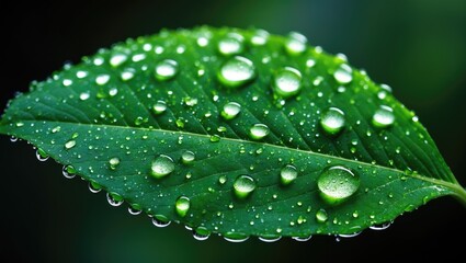 Aufkleber - Raindrops on vibrant green leaves set against a dark background. Close-up shot of water droplets on foliage.