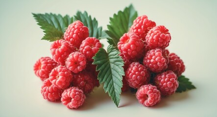 Aufkleber - Ripe raspberries with leaves on a white background isolated.