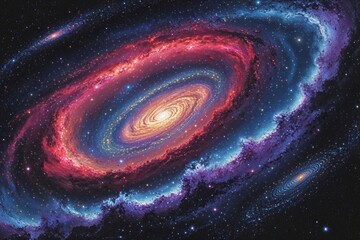 Wall Mural - cosmic deep-space art featuring detailed spiral galaxy and colorful nebula in stippling technique