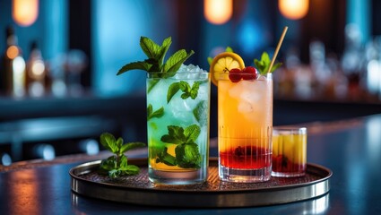 Poster - Two colorful cocktails featuring mint leaves are displayed on a tray in a refined, softly lit bar environment. One is a mojito, while the other is a mixed drink, both presented in tall, elegant gla...