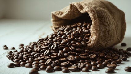 Poster - Falling roasted coffee beans into a burlap sack.