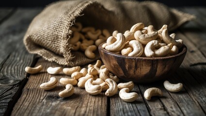 Poster - Raw cashew nuts in a bowl or burlap sack on a rustic table, a healthy vegetarian snack.