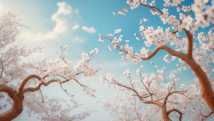 Poster - Delicate cherry blossoms embellish branches against a gentle, blue sky, forming a tranquil and graceful scene.