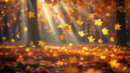 Poster - Golden maple leaves drifting onto an autumn forest floor, with warm sun rays and vibrant autumn colors creating a serene natural landscape in the woods.