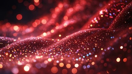 Fototapete - Red glitter bokeh backdrop featuring shimmering light, abstract defocused texture.