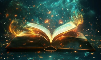 Poster - Magical glowing book with swirling lights and cosmic energy effects