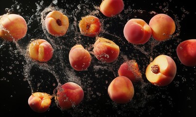 Poster - Fresh peaches splashing in water creating dynamic and vibrant visual effect