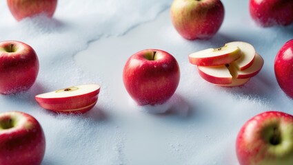 Poster - Red apple with a half piece isolated on a white background featuring a clipping path and full depth of field. Top view. Flat lay. Set or collection.