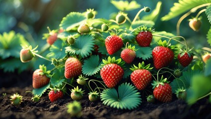 Poster - Ripe organic strawberry plant in the garden up close. Cultivating a harvest of natural strawberries.