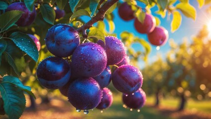 Poster - Ripe plums hanging on a tree branch within the orchard.