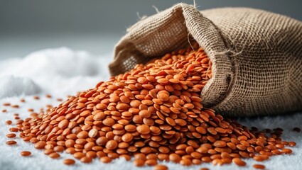 Poster - Red lentils spilled from a burlap bag against a white background. Red lentils in a jute sack. Nutritious food. Red lentils in a burlap sack.