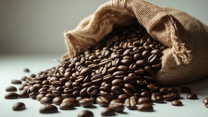 Poster - Falling roasted coffee beans into a burlap sack.