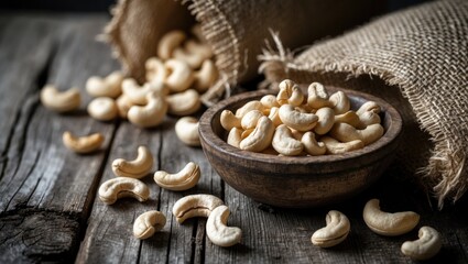 Poster - Raw cashew nuts in a bowl or burlap sack on a rustic table, healthy plant-based snack.