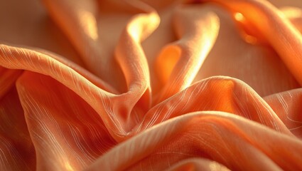 Poster - Blurred vibrant orange fabric showcasing gentle folds and subtle lines creating a geometric pattern. The texture enhances a delicate interplay of light and shadow, contributing depth to the design.