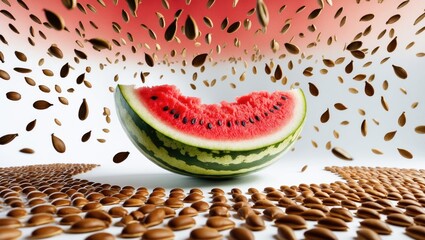 Aufkleber - Raining seeds. Close-up of ripe watermelon on a white backdrop.