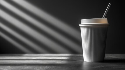 Poster - A white cup with a straw rests on a textured surface. Bright sunlight filters through, casting sharp, diagonal shadows across the scene, creating a striking contrast.