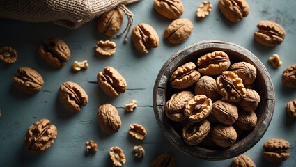 Poster - Ripe and fresh walnut pieces in a bowl or burlap sack without shell on a rustic table, nutritious nut food for the brain.