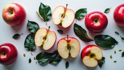 Poster - Red apple with slices isolated on a clean background. Bird's-eye view. Collection or set.