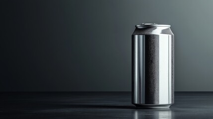 Poster - A sleek and shiny metallic can rests on a smooth dark surface. Soft lighting enhances the minimalist composition, highlighting the cans surface and creating shadows.