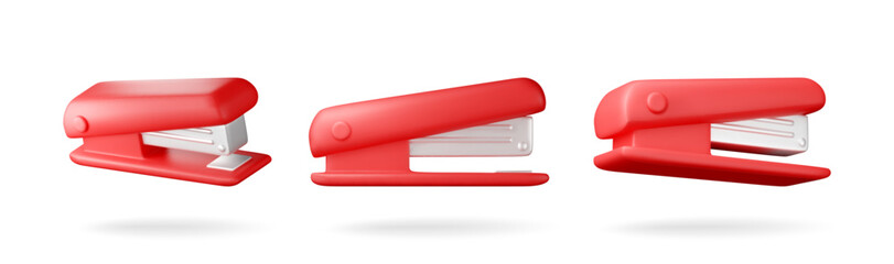 Poster - 3D set of red plastic stapler isolated on white. Render collection stapler tool icon. Device for fastening sheets. Office and school equipment, stationery or supply. Vector illustration