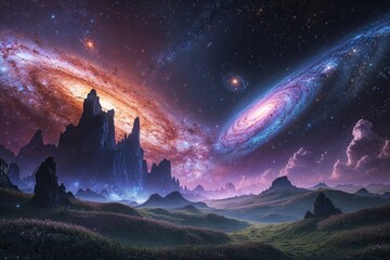 Wall Mural - glowing spiral galaxy and mystical nebula in cosmic fantasy landscape stippling art