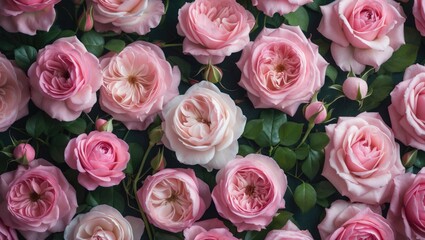 Poster - Delicate blooming pink roses create a festive background, with a flower bouquet in pastel tones, showcasing soft petals for a floral romance card.