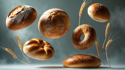Poster - Various forms of bread, ears of wheat soaring against a gray backdrop. Traditional round bread, baguette, roll, sesame bagel. Organic healthy fresh isolated bread for promotional purposes. Food con...