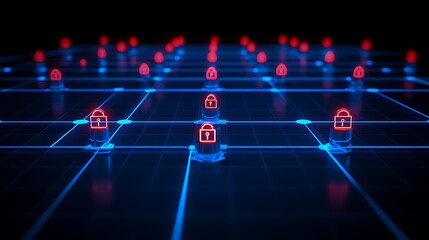 Poster - Abstract Technology Concept of Cyber Security with Digital Lock Symbols on Network Grid Background