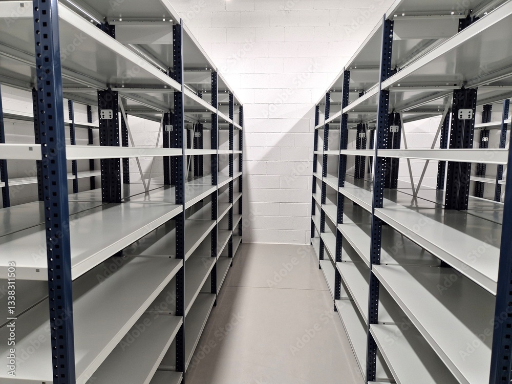 Long rows of empty metal industrial shelving units filling an unused ...