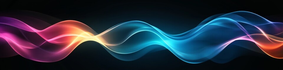 Poster - Vibrant Abstract Waves of Blue, Magenta, and Orange on Black Background, Fluid, Sharp