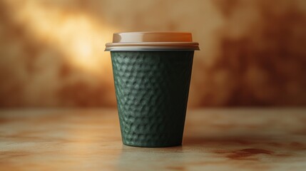 Fototapete - A green paper coffee cup with a textured design rests on a smooth table surface. The warm background creates a cozy atmosphere, ideal for enjoying a hot beverage in the afternoon.