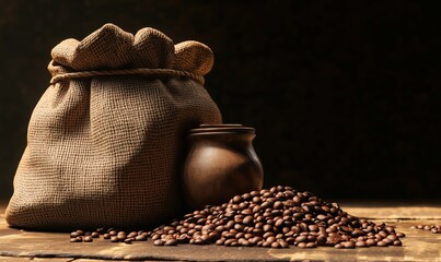 Poster - Coffee beans in burlap sack with wooden jar on rustic table