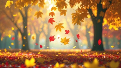 Poster - Beautiful autumn scenery featuring yellow trees and sunlight. Vibrant foliage in the park. Natural background of falling leaves.