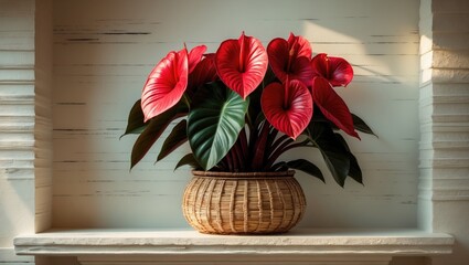 Fototapete - Red anthurium flowers are blossoming in bamboo baskets against a white background.