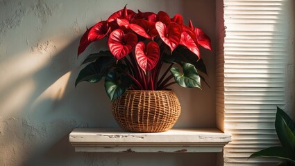 Fototapete - Blooming red anthurium flowers in bamboo baskets against a white background.