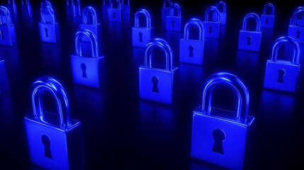 Poster - Blue Digital Locks in a Dark Environment, Symbolizing Security and Data Protection in the Cyber World