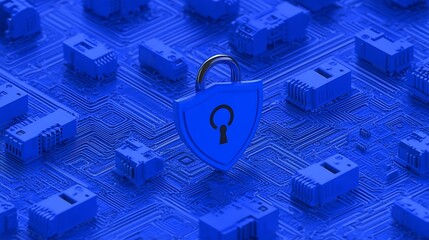 Poster - Blue digital security concept with shield, padlock, and electronic circuits representing data protection and safety